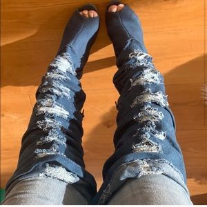 Denim distressed thigh high boots